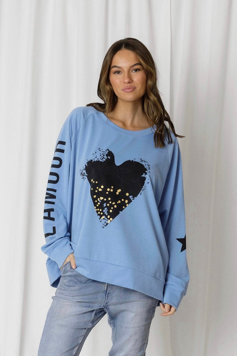 Minimalist Collective| Amour Heart Print Sweater | Cornflower Blue