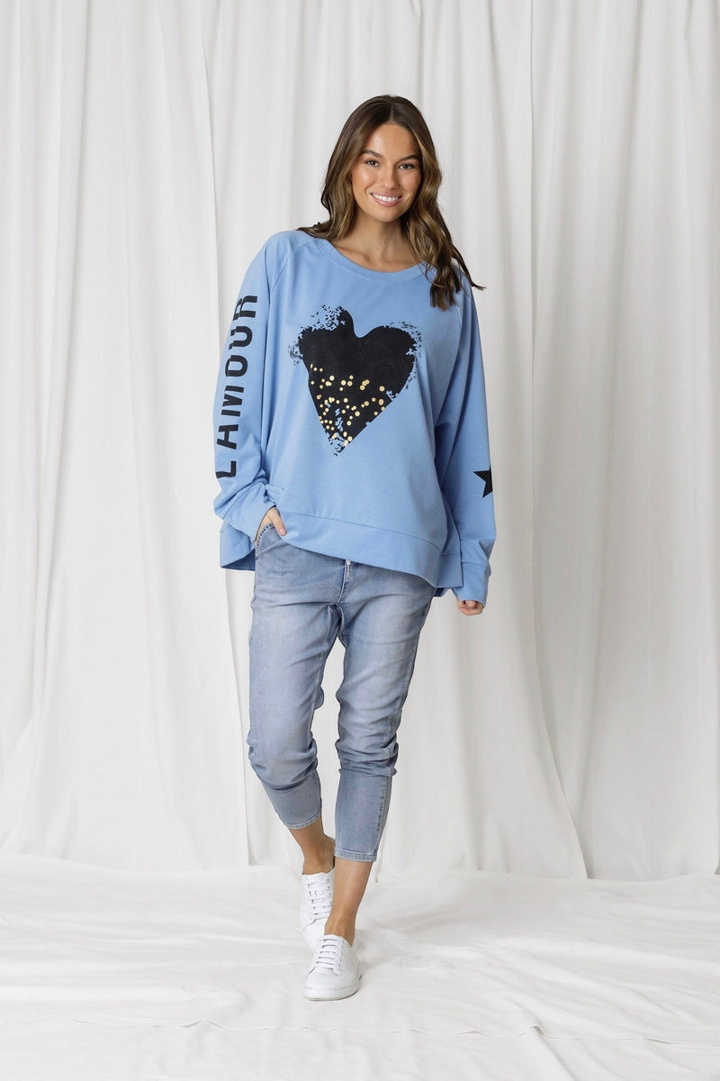 Minimalist Collective| Amour Heart Print Sweater | Cornflower Blue