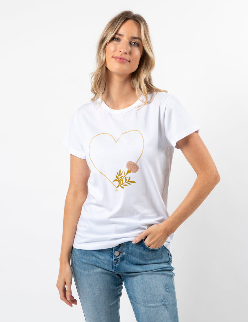 Stella + Gemma | T-Shirt | White Fiore with Gold Heart