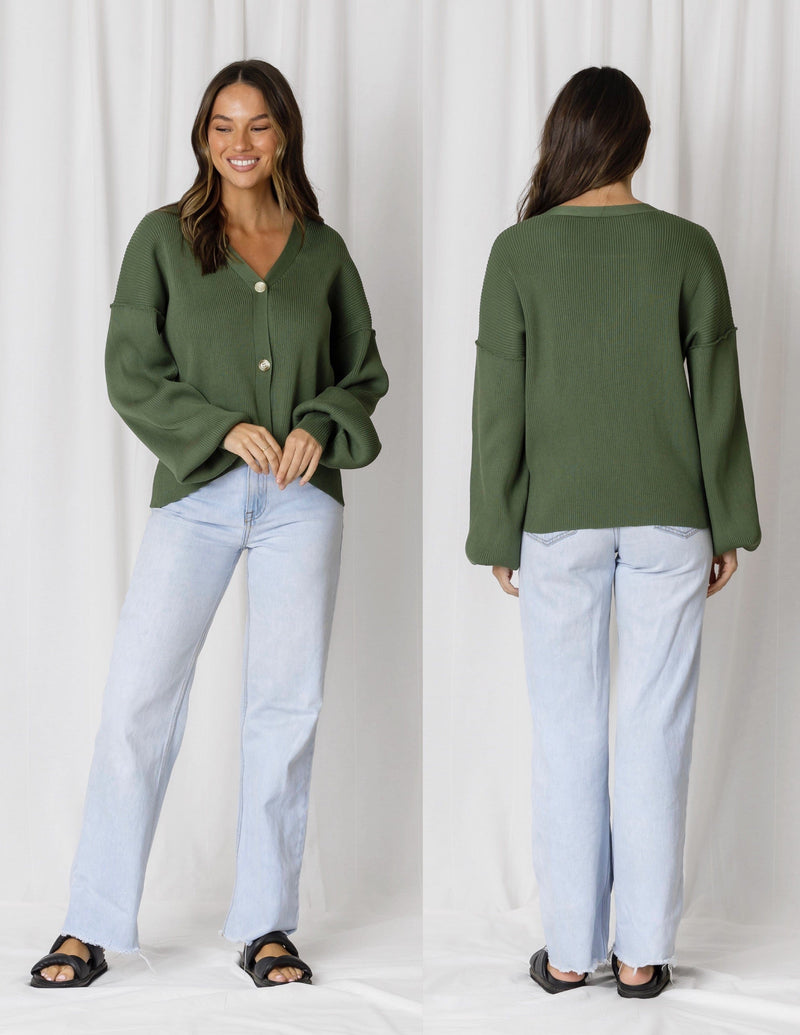 Love Lily | Priya Essential Ribbed Button Down Knit Cardi | Olive