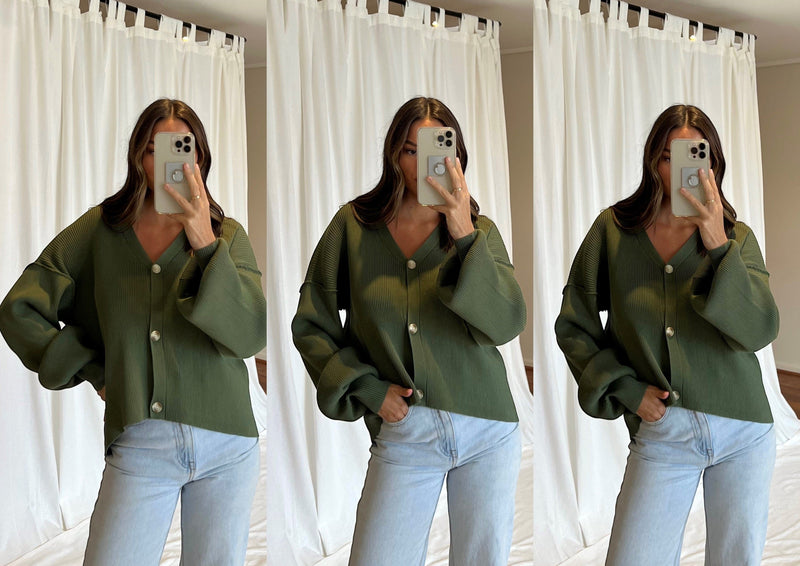 Love Lily | Priya Essential Ribbed Button Down Knit Cardi | Olive